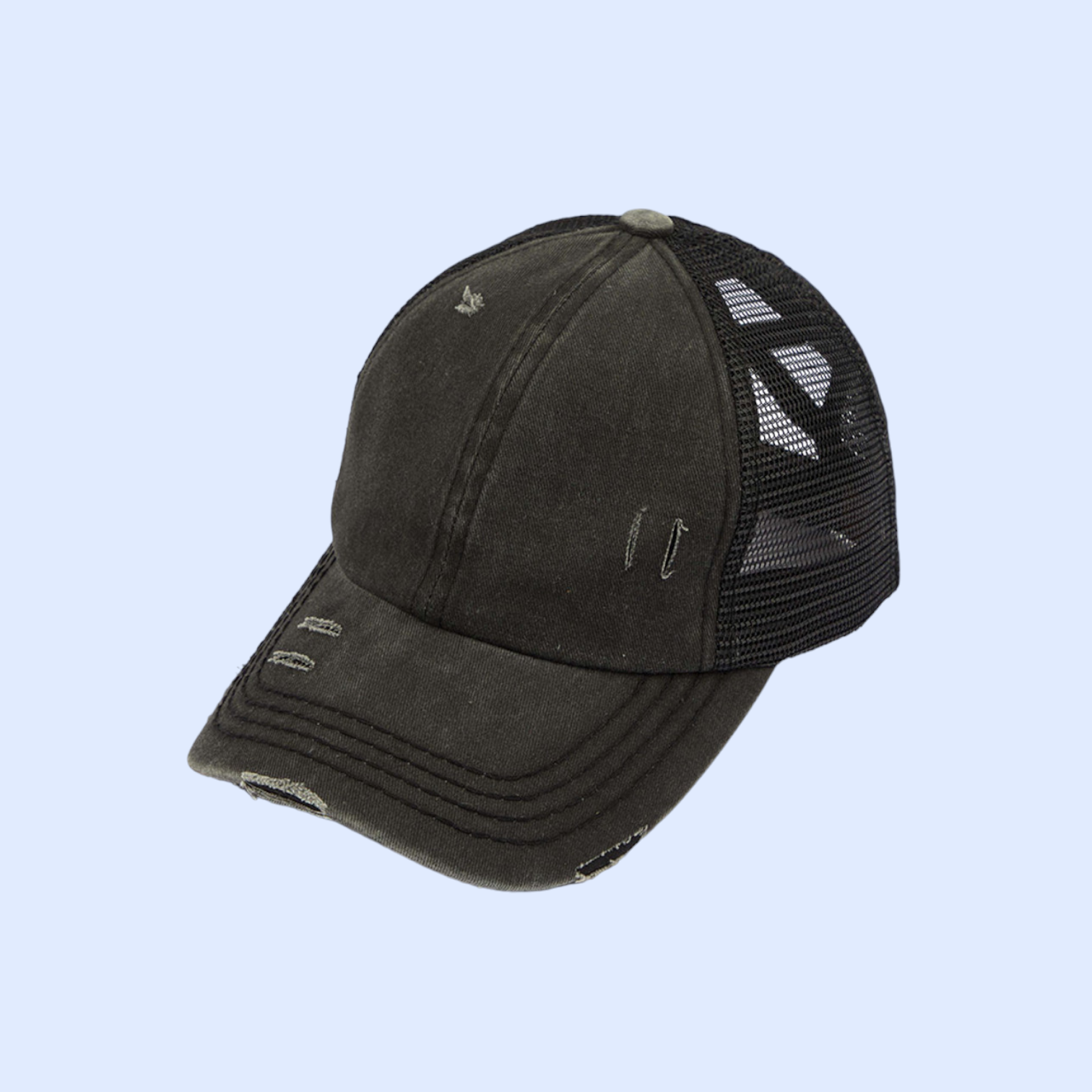 Washed Denim Criss Cross High Pony Ball Cap BT780