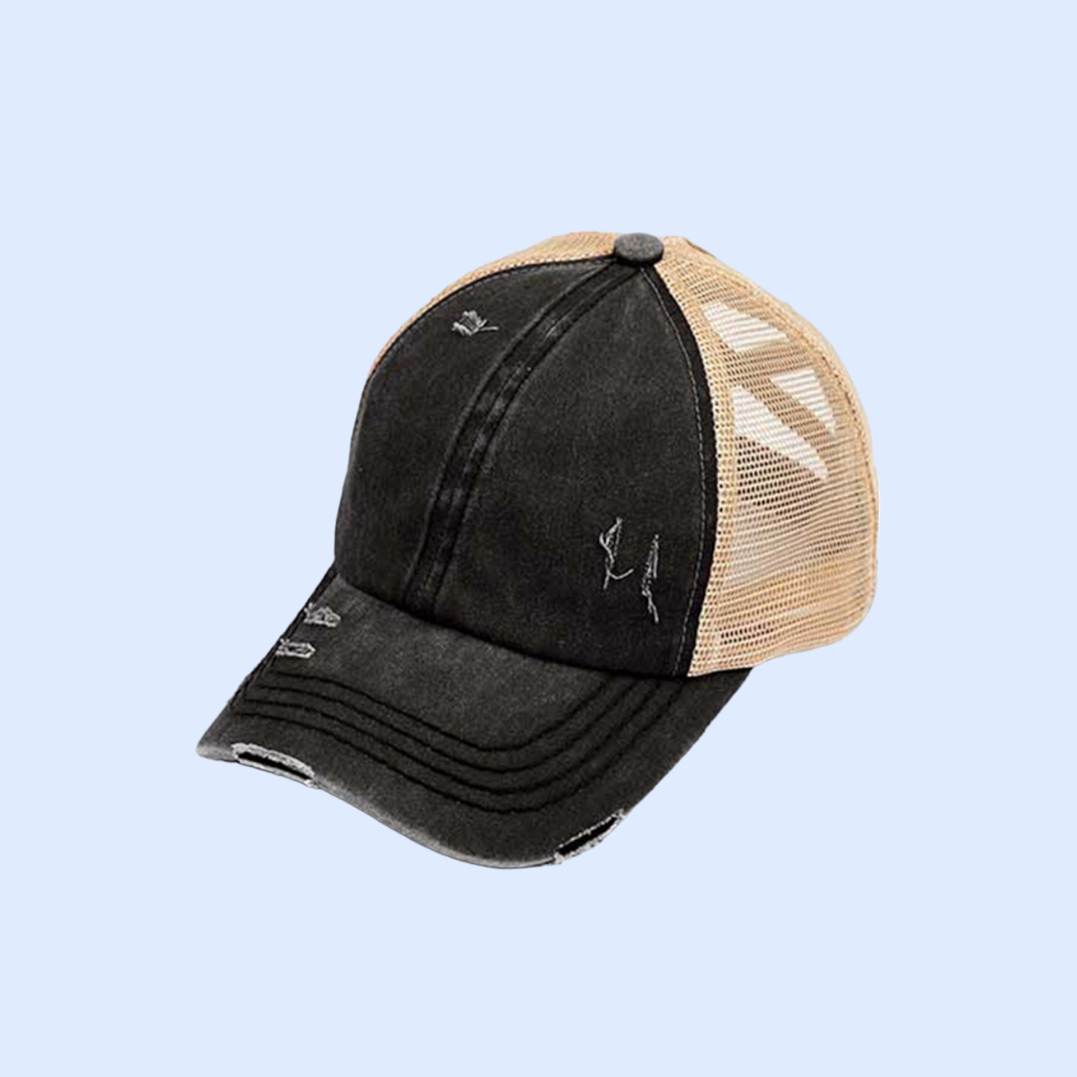 Washed Denim Criss Cross High Pony Ball Cap BT780