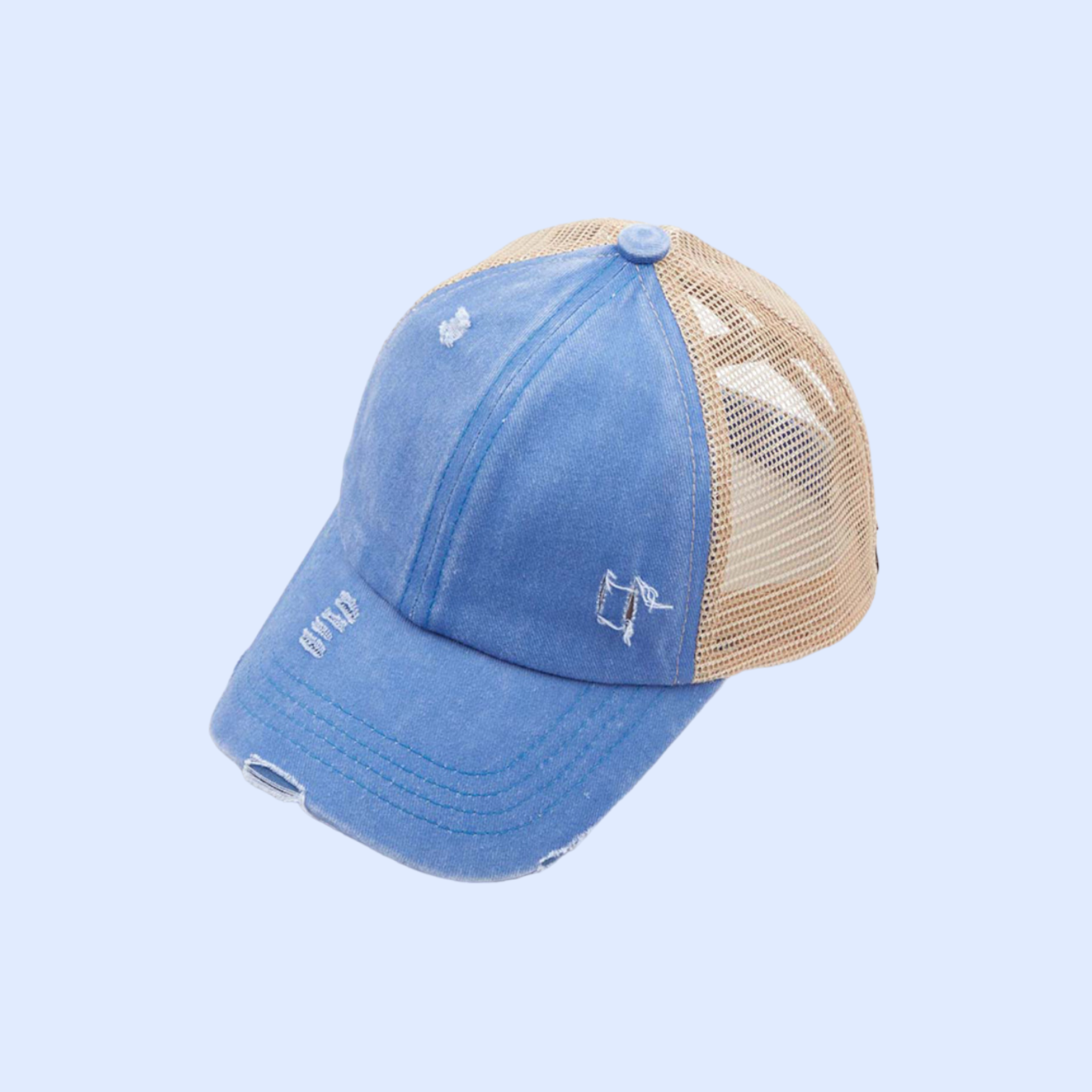 Washed Denim Criss Cross High Pony Ball Cap BT780