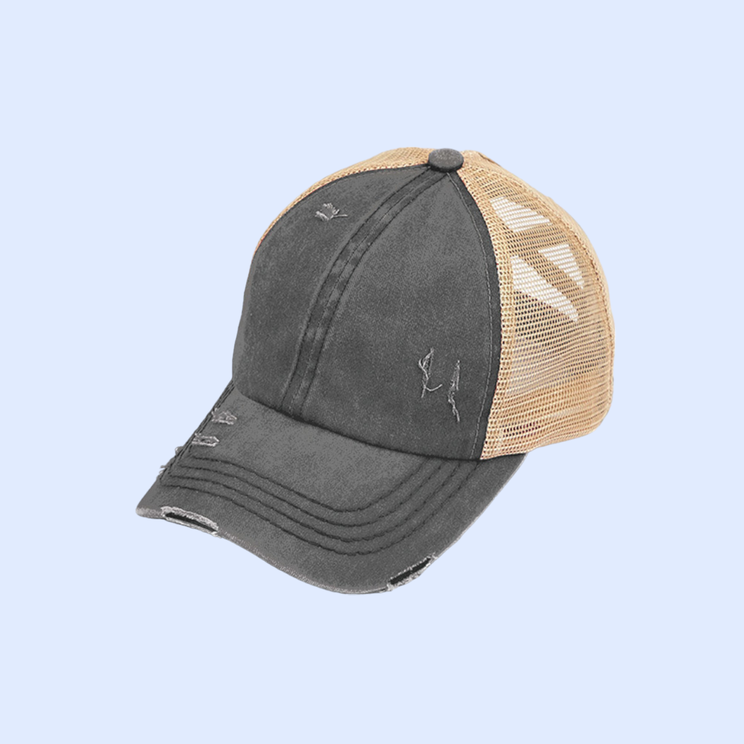 Washed Denim Criss Cross High Pony Ball Cap BT780