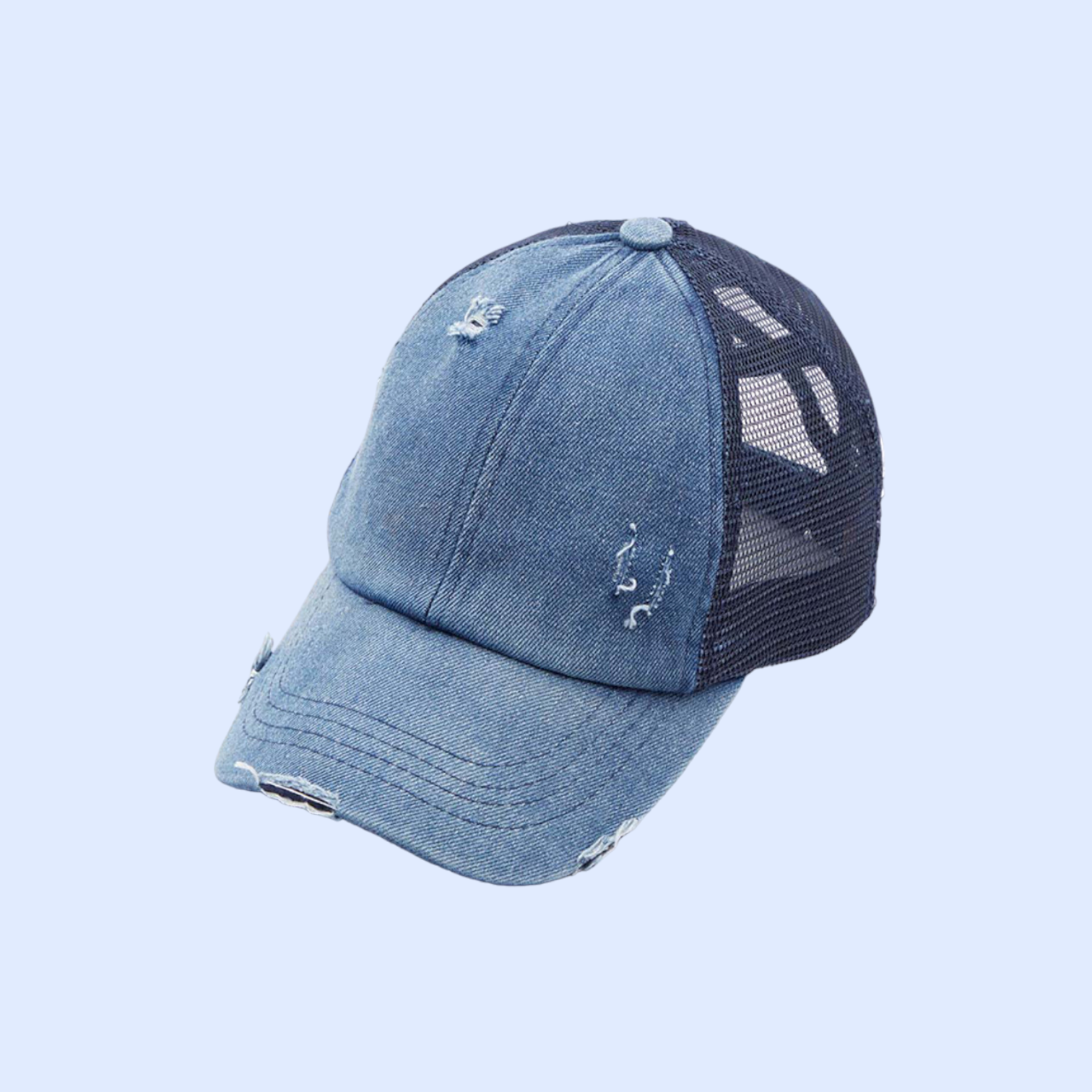 Washed Denim Criss Cross High Pony Ball Cap BT780