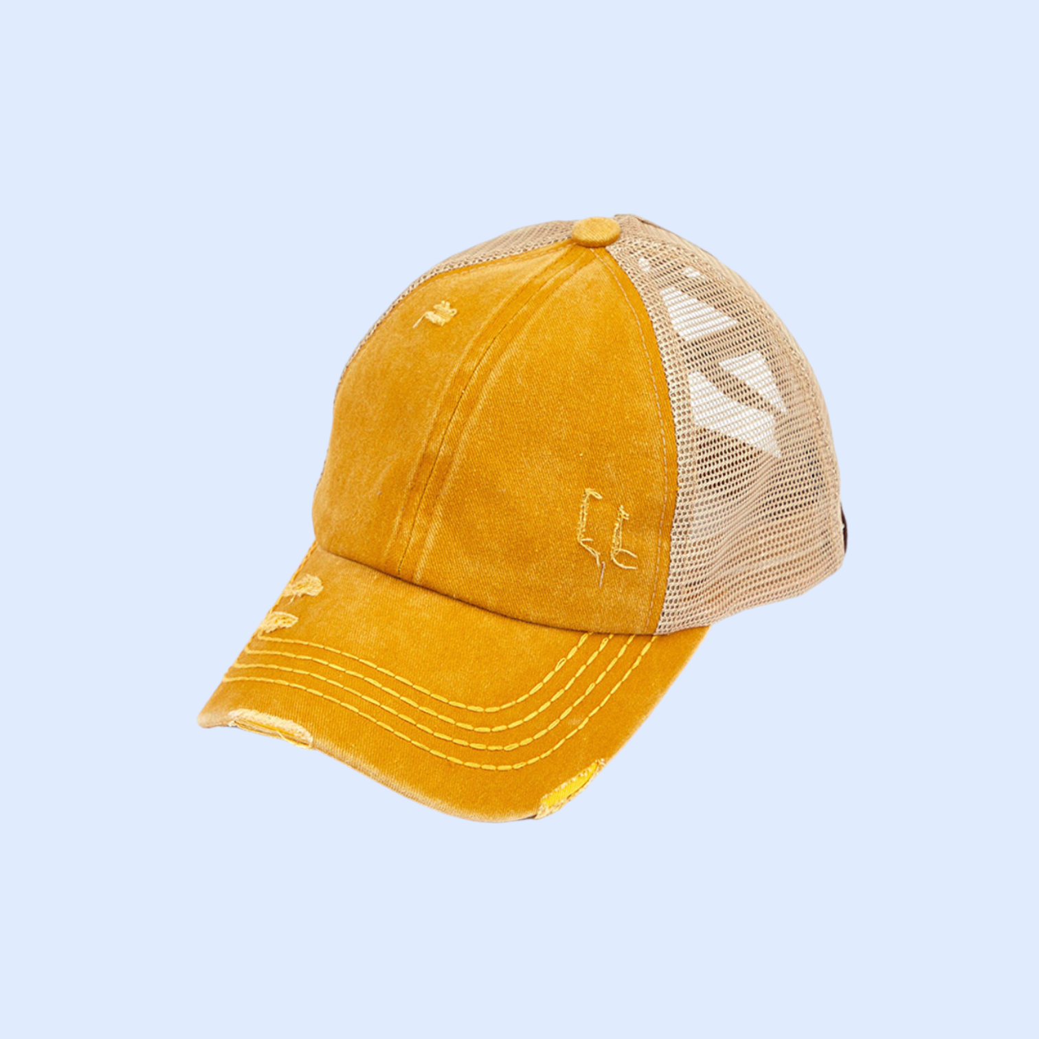 Washed Denim Criss Cross High Pony Ball Cap BT780