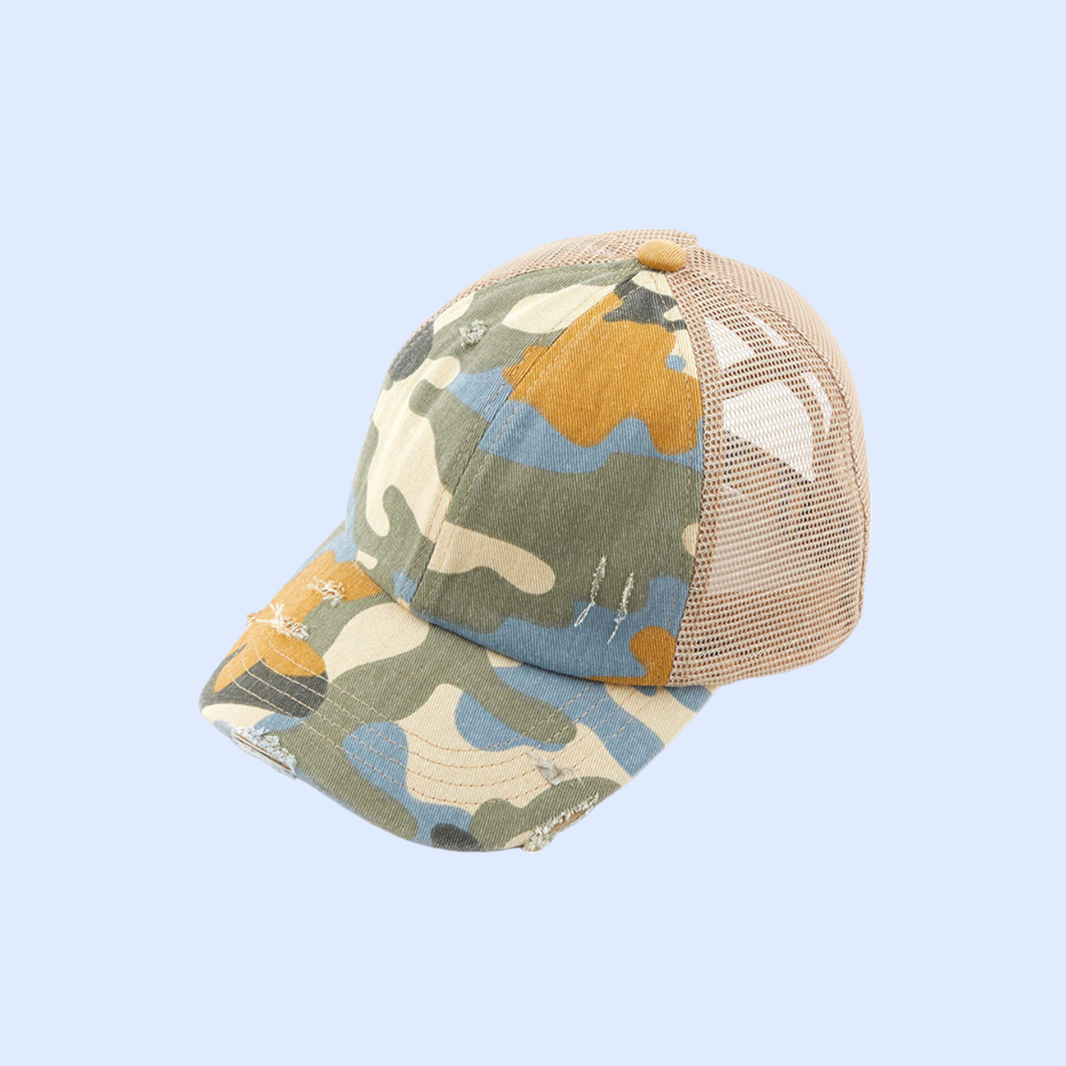 Distressed Camouflage Criss-CrossHigh Ponytail Ball Cap BT783
