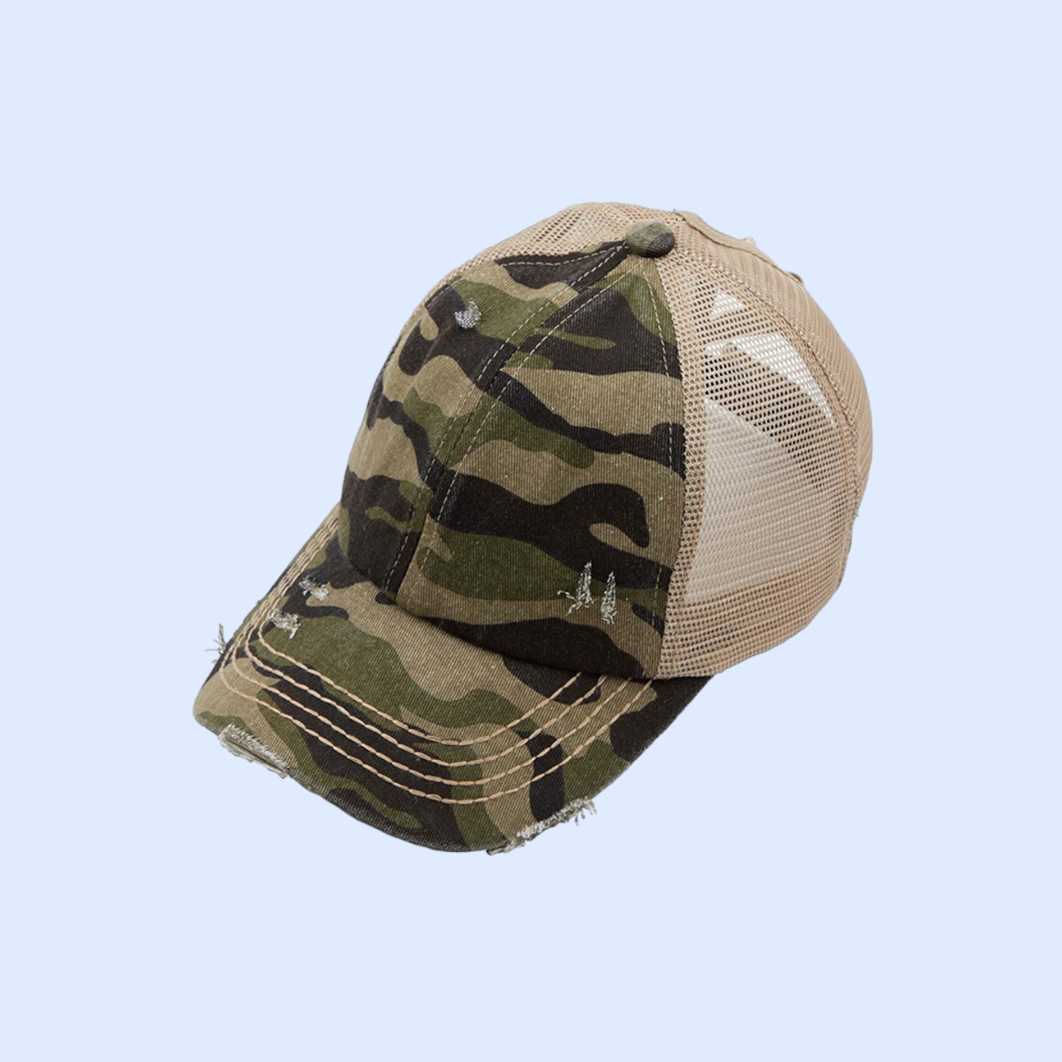 Distressed Camouflage Criss-CrossHigh Ponytail Ball Cap BT783